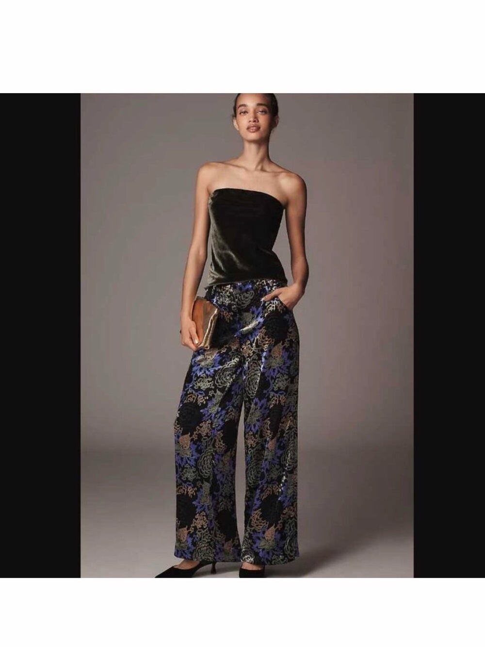 Anthropologie Velvet Blue & Gold Floral Wide-Leg Pleated Pants Size 4